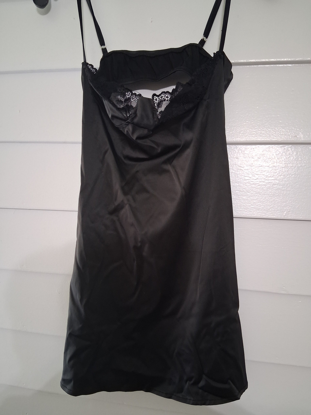 Black Satin Slip Dress with Lace Trim